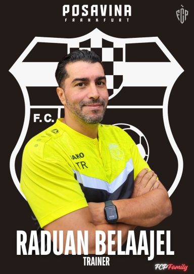 Porträt von Raduan Belaajel, Trainer, vor einem F.C. Posavina-Logo.